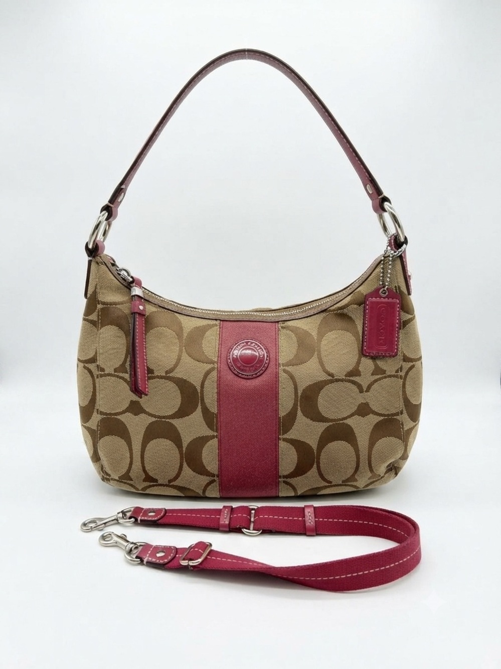Coach Signature Khaki & Berry Red Canvas Hobo Shoulder Bag with Crossbody Strap